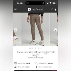 Lululemon Warm Down Jogger *7/8 Length
Thread Dye Rover Black W5DMXS